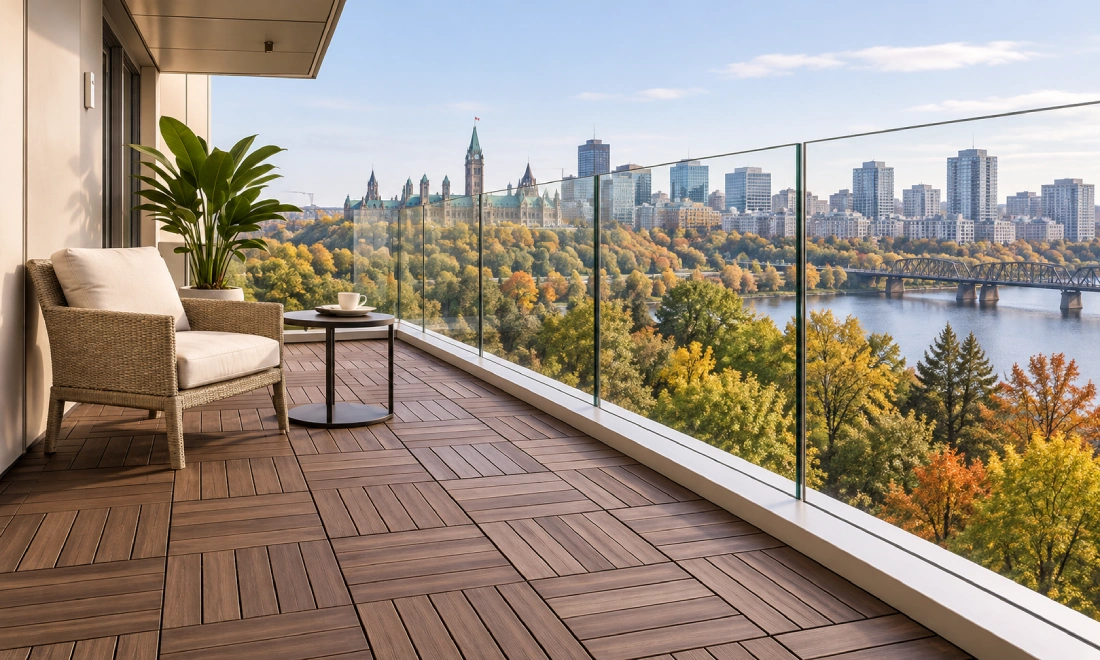 Autumn River Views with high quality decking tiles from a Modern Balcony
