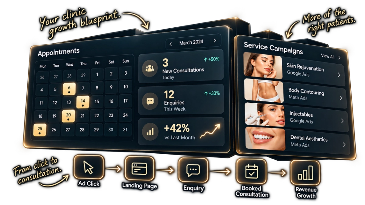 Clinic growth dashboard showing appointments, service campaigns, enquiries, booked consultations and revenue growth