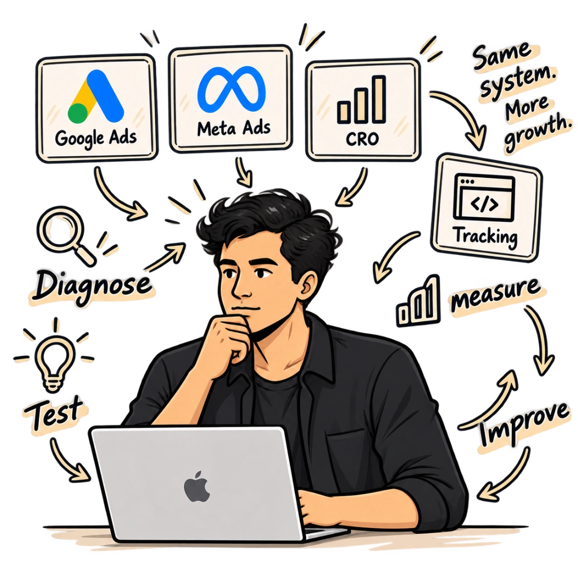 Performance marketing system showing Google Ads, Meta Ads, CRO, tracking, testing, measurement and optimisation