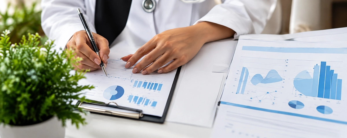 Medical professional analysing printed charts and healthcare data