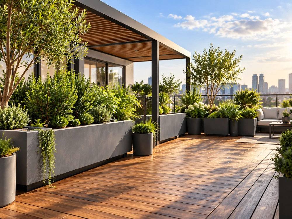 Outdoor terrace with decking tiles