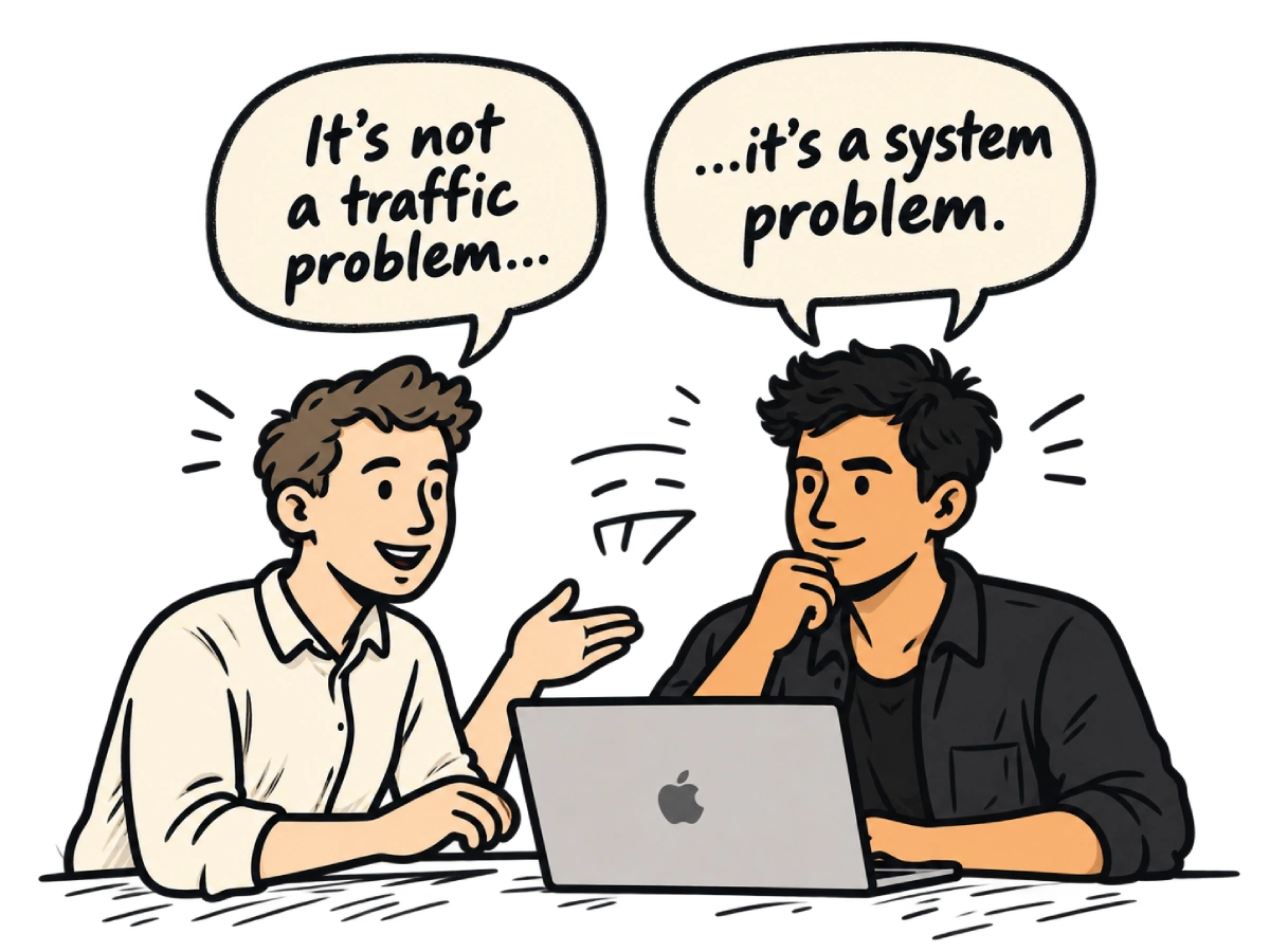 Two men at a laptop discussing traffic versus system problems